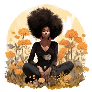 llustration of black woman, with an afro, boho modern aesthetic, cottagecore, avacadopunk, surrounded by florals, sitting in a meadow, flawless line work, low detail, clipart, white background