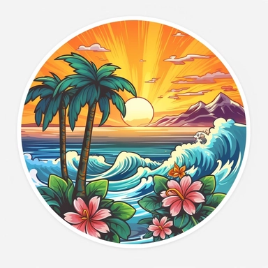 a sticker, artwork of t shirt graphic of majestic palm tree in digital painting style , beautiful flowers, sunrise mountains and clouds , big sea waves, water splashes, white background, colorful fantasy flower sorround, highly detailed clean, vector image, photorealistic masterpiece, professional photography, realistic, flat white background, isometric, vibrant vector, clipart, illustration, realism, 4k, , cinematic, front view, white background,