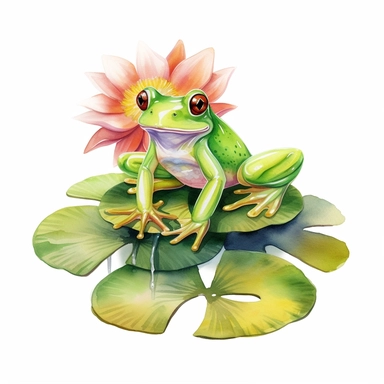 watercolor green frog on lily pad clipart, white background