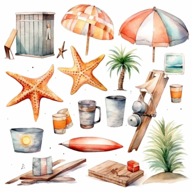 summer beach clipart, white bsckground, watercolor,