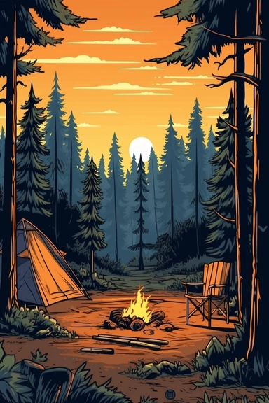 camping scene with campfire, chairs, and tent in the woods during the summer months. vector clip art illustration, detailed, rustic