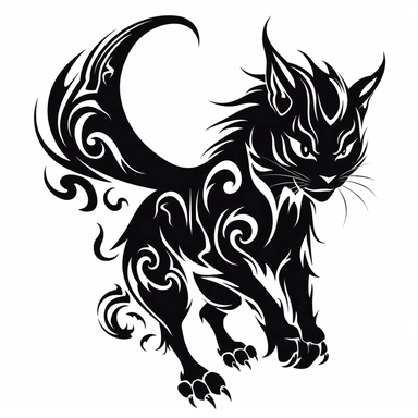 entire body dancing fire kitten dragon flying. grinning. screaming. 4 legs. ready to pounce. thrashing tail. profile view. black only, flat image, no shadows, no depth. black and white only. tribal animal clipart, laser cut design, white background, black cutout design