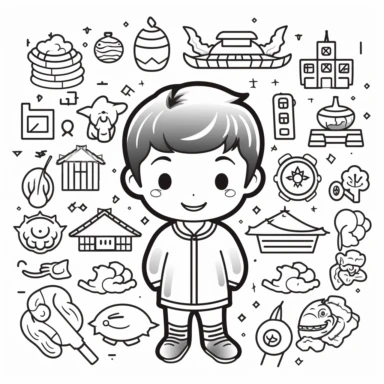korean doodle style lineart black and white, cute, icons, white background, boy clipart