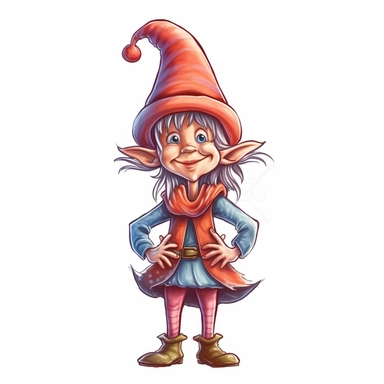 A delightful, hand-drawn clipart image of a friendly female gnome with no beard, dressed in a charming, brightly colored ensemble, sporting a tall, pointy hat, and standing with a welcoming smile, presented on a transparent background for versatile use
