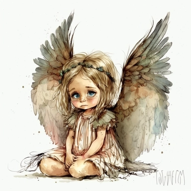 boho little fairy girl, big eyes, with wings on her back, beautiful, she is sitting facing west and her head is turned towards camera, very detailed and realistic, watercolor, white background with margins, clipart style