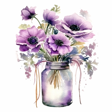 watercolor style purple anemones clipart, flowers, bouquets, in mason jars, on white background - Variations by <@1112474074942287975> (relaxed)