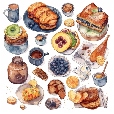 breakfast food objects isolated on white background, watercolor Clipart Collection, high quality intricate detailed illustrations in naive drawing style, delicate pencil texture, dotted texture, intense vivid colors, burnt sienna and indigo, panasonic lumix s pro 50mm f/ 1. 4, rough clusters, strong use of contrast