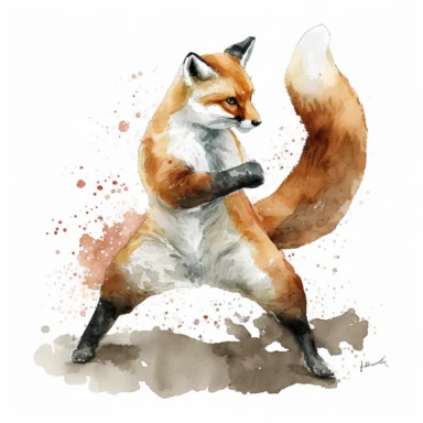 Karate Fox watercolor clip art illustration, white background