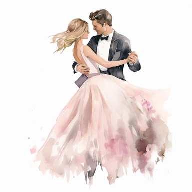 bride and groom dancing at a wedding, detailed watercolor illustration, clipart, plain isolated white background, 8k ultra detail high sharpness