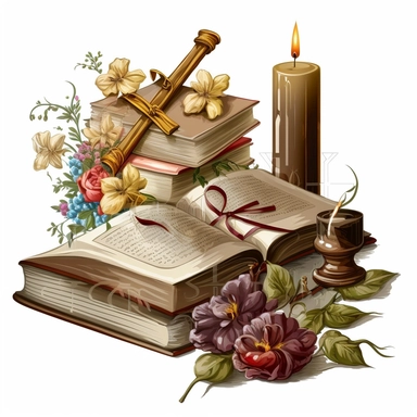 Bible, cross, candles, books, flowers, Sublimation Clipart, on a white background