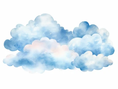 3D illustration of beautiful fluffy watercolor clouds with glitter, dreamcore clipart, for children's nursery, shades of soft pastel blues and baby blue color palette, ethereal, dreamy, isolated on a white background,