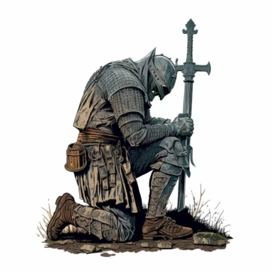 old knight on his knee bows his head like he is praying and holding his sword horizontaly to the ground,design for tshirts + white background +,clipart drawing,clipart image,high definition drawing,clean colors,balanced colors,detailed drawing,--v 4