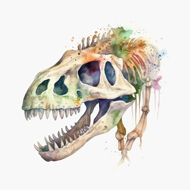 Watercolor dinosaur skeleton clipart, white isolated background, space out, hd