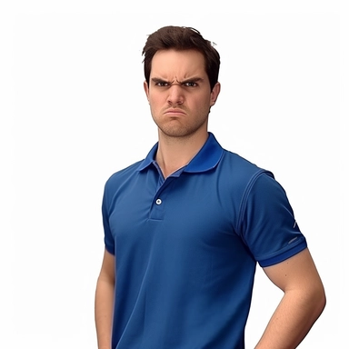 photo-realistic angry man, age 25, wearing a royal blue polo shirt, on white background for vector clipart