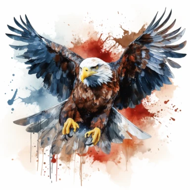 watercolor 4th of July clipart, American eagle flying, American flag, Stars and Stripes, clean lines, red white and blue colors, extremely high quality image, white background