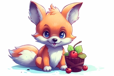 cute anime baby fox eating berries clipart, surrounded by fruit, hd, on white background, spaced out