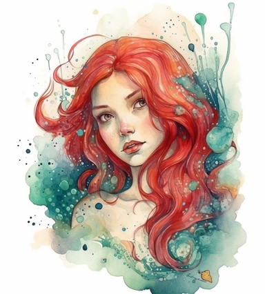 realistic burnished watercolored pencil cute mermaid clipart, red hair, detailed, style of disney, on white background, spaced out