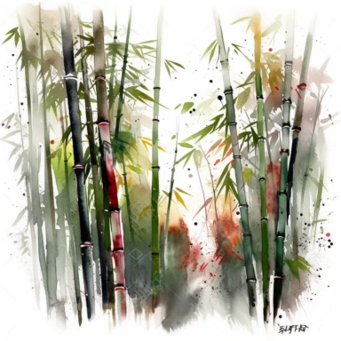 Illustrate a serene watercolor clipart of a bamboo grove, showcasing the tranquility and strength often symbolized in Japanese art. In HD on a white background.