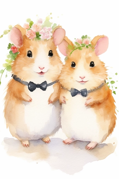 Create a watercolor clipart picture of a hamster bride and groom , white background. The hamster should have a cute and happy expression, with its fur depicted in soft watercolor textures. Surround the hamster with small flowers and greenery, adding a whimsical touch to the scene.