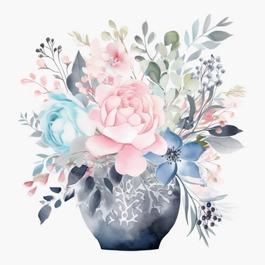 minimalistic and filigree watercolor clipart of a beautiful Dreamy soft pink and light blue flower arrangement for wedding cards, white background, seperated