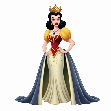 FULL-BODY PERSPECTIVE OF A 2D DISNEY CLIPART ILLUSTRATION OF A BEAUTIFUL AND BENEVOLENT QUEEN, WHITE BACKGROUND, STYLE OF DISNEY'S 1937 MOVIE SNOW WHITE, WHITE BACKGROUND