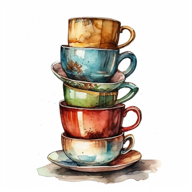 stack of coffee cups, highly detailed, clip art, watercolor, isolated white background, 8k
