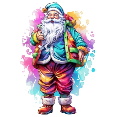 Full body of Santa Claus, style by Lisa Frank, watercolor, smooth gradients, black contour outline, ultra detailed, clipart elements, vibrant colors, solid white background, super clear, high quality