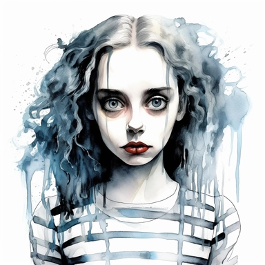 Beautiful pretty young woman tim Burton films style, paint art style, detail, clipart, white background, superrealistic, one of a kind