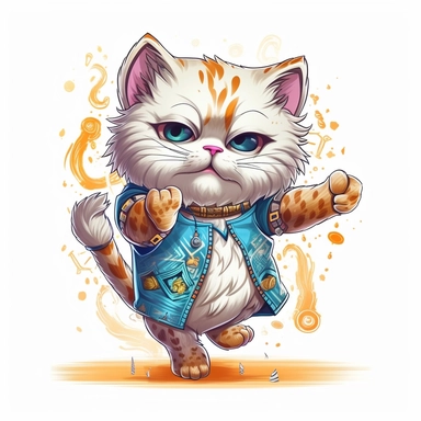 Funny dancing cat clipart on a white background, chibi and real style, masterpiece, realistic photography, colorful background, detailed, intricate details, rich colors, realistic style