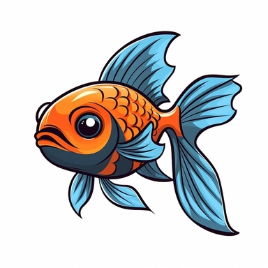 1 simple cute but colorful blue , black and orange cartoon goldfish clipart on white background
