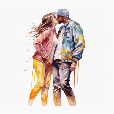 couple dancing kiss, hiphop cliparts, white background, watercolour,