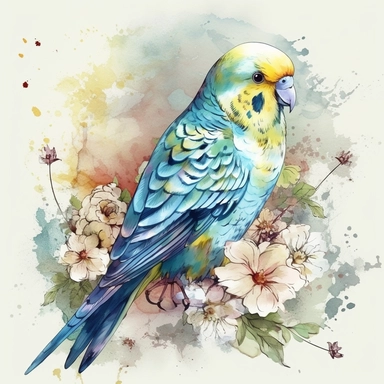 budgie bird, colourful, watercolour, isolated solid background, pretty, floral, clipart, include branch and flowers--no watermark, text, words, paintbrush, typography
