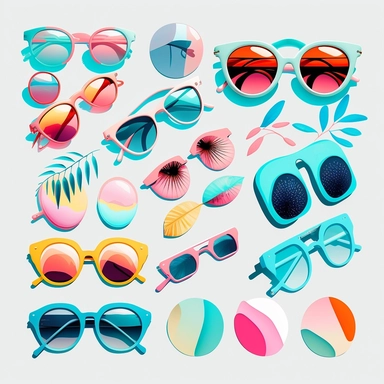 Clipart set of stylish sunglasses, eye-catching composition, modern, summer, free brushwork, aesthetic pastel colors, white background