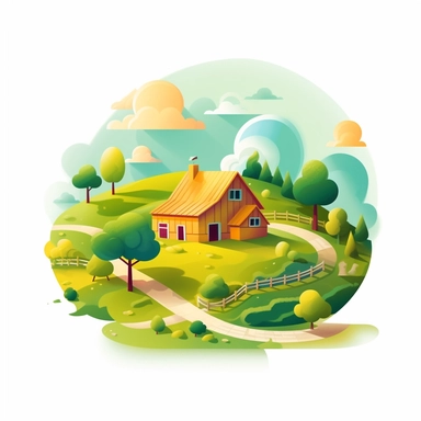 Create an AI-generated clipart of a serene countryside landscape with rolling hills and a picturesque farmhouse.