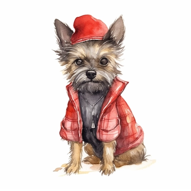 An adorable watercolor clipart of a Doggy Diva wearing a fashionable outfit, brindle Cairn Terrier