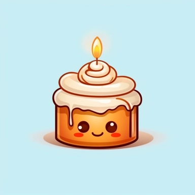 a cute cinnamon roll and white icing dripping down it sides, kawaii style with a candle wick on top. Make it super cute, vibrant colors. Make it into cliparts and vectors.