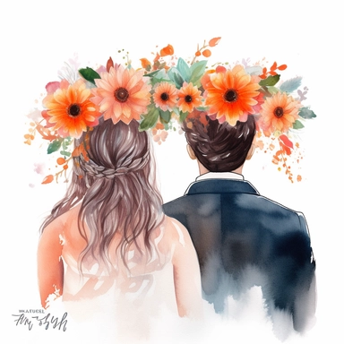 watercolor the middle of the couple New with arms around in the park back view Bridal veil with Zinnias flowers and leaves adorning her hair. hair up with flowers vividly bold designs png realistic cartoon in 32K UHD cute. 15 cm thick outline. Black color. There was no shadow on the ground. 8k with realistic watercolors. and detailed illustrations. PNG clipart, transparent white background
