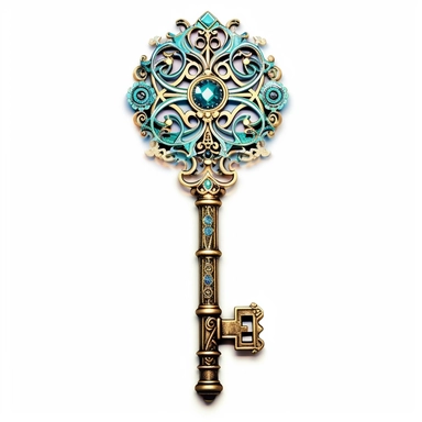 A mesmerizing clipart showcasing a legendary fairy tale tool: a shimmering and ornate key of wondrous proportions. The key should possess intricate details, such as delicate engravings depicting mythical creatures or symbols of magic. Its handle should be crafted from a rare and iridescent material, radiating an ethereal glow. The teeth of the key should be intricate and unique, as if they hold the secrets to unlocking mystical realms. Place the key against a pristine white background