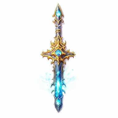 Create a mesmerizing clipart of a legendary sword against a pristine white background. The sword should be forged with exquisite craftsmanship, with an adorned hilt featuring intricate patterns and gemstones. Depict a radiant glow along the blade, hinting at its mythical powers.
