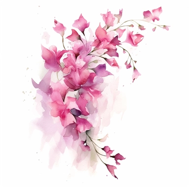 Whimsical watercolor illustration of pink flowers dancing in the wind, cascading from a vertical frame, conveying a sense of movement, freedom, and natural grace clipart on a clean white backdrop.