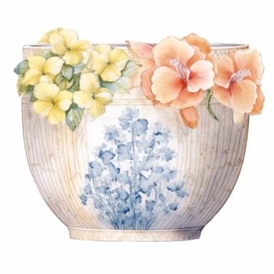 Design a dreamy watercolor clipart of an asian Stone planter with a Bouquet of fresh and dewy flowers such as lilies, roses, and hydrangeas arranged in a refreshing and crisp design composition, hand-painted with soft and graceful brushstrokes. Draw inspiration from the artistic finesse of Ethereal Petals Watercolors for a refined and ethereal depiction. isolated on a white background, hand-drawn illustration, hand-painted watercolor texture, 16k UHD resolution, intricately detailed, sharp focal