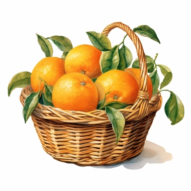 picturesque, simple, bright, the best simple Assorted orange in a basket in the world, clipart on white background, watercolor, painted by Beatrix Potter, 8k