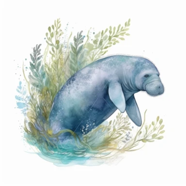 hand drawn Florida manatee, in crystal blue water, underwater with plants, very detailed and realistic, watercolor, white background with margins, clipart style