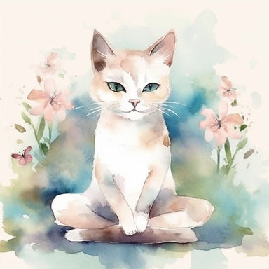 cute cat doing yoga exercise, yoga lotus flower background, watercolour clip art