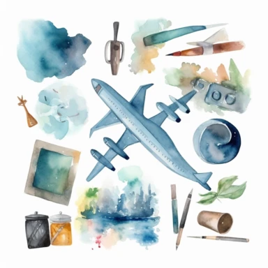 Traveling elements, plane , redesign, painting brush and art tools watercolor logo, clipart, white background
