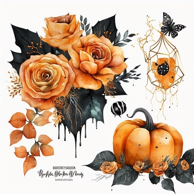watercolor orange and black roses bouquet clipart, halloween themed, spider and pumpkins, white background