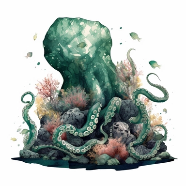 emerald illustration of a double exposure octopus & coral reef drawn with stones, clipart