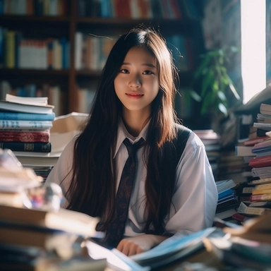 Real photos, classroom scene, messy environment, soft lighting, a 20 year old young Chinese girl with fair skin and long hair draped around her shoulders, smiling, wearing a school uniform and holding a pen, sitting by the classroom window. In front of her, there are books and textbooks, and the surrounding environment is messy, filled with books and textbooks, art film clips, movies, real photos, 32K pixels - ar 16:9