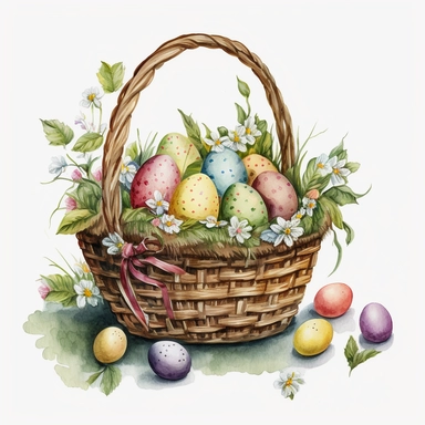 Easter, egg, hunt, picnic, clipart, white background, watercolor, hyper-realistic, high detail