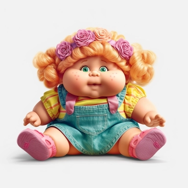 Cabbage Patch Kid doll, bold colors, retro neon style, photorealistic, high-resolution photography, transparent background PNG clipart – ar 16:9